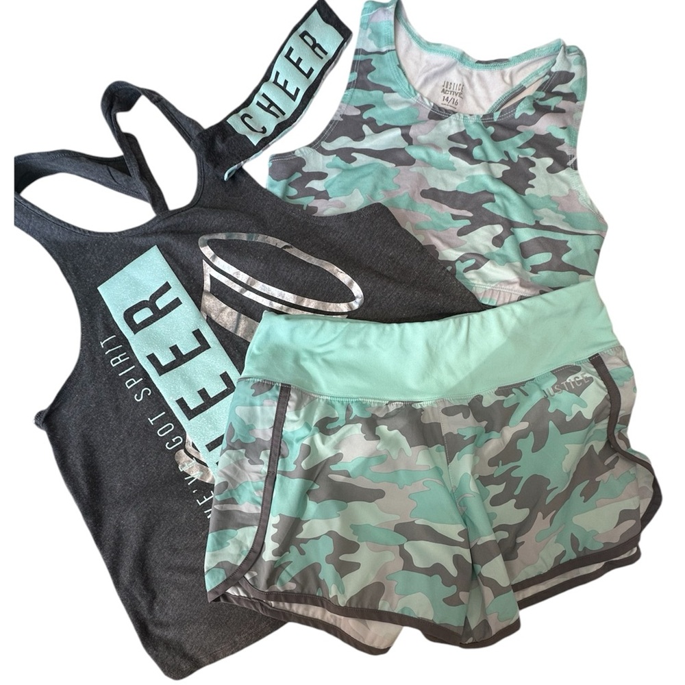 Justice size 14-16 cheer tank top with sports bra , short & matching headband